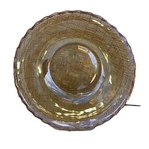 Vintage Amber Cross Cross Basket Weave Carnival Glass Serving Bowl. 9"‎ D 3" H.